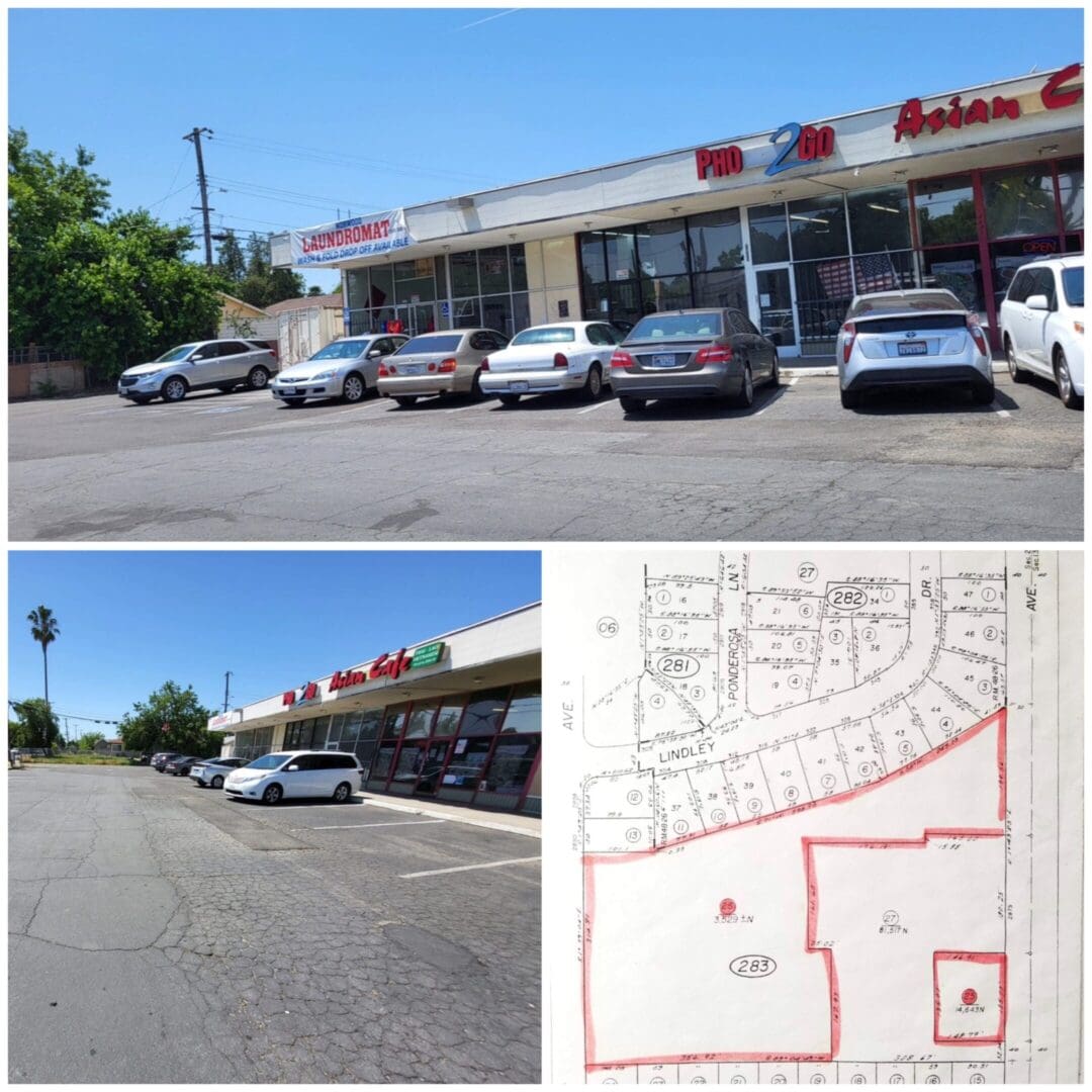 A strip mall with cars and a map.