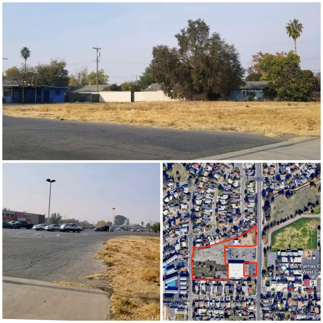 Empty lot with surrounding homes and parking lot.