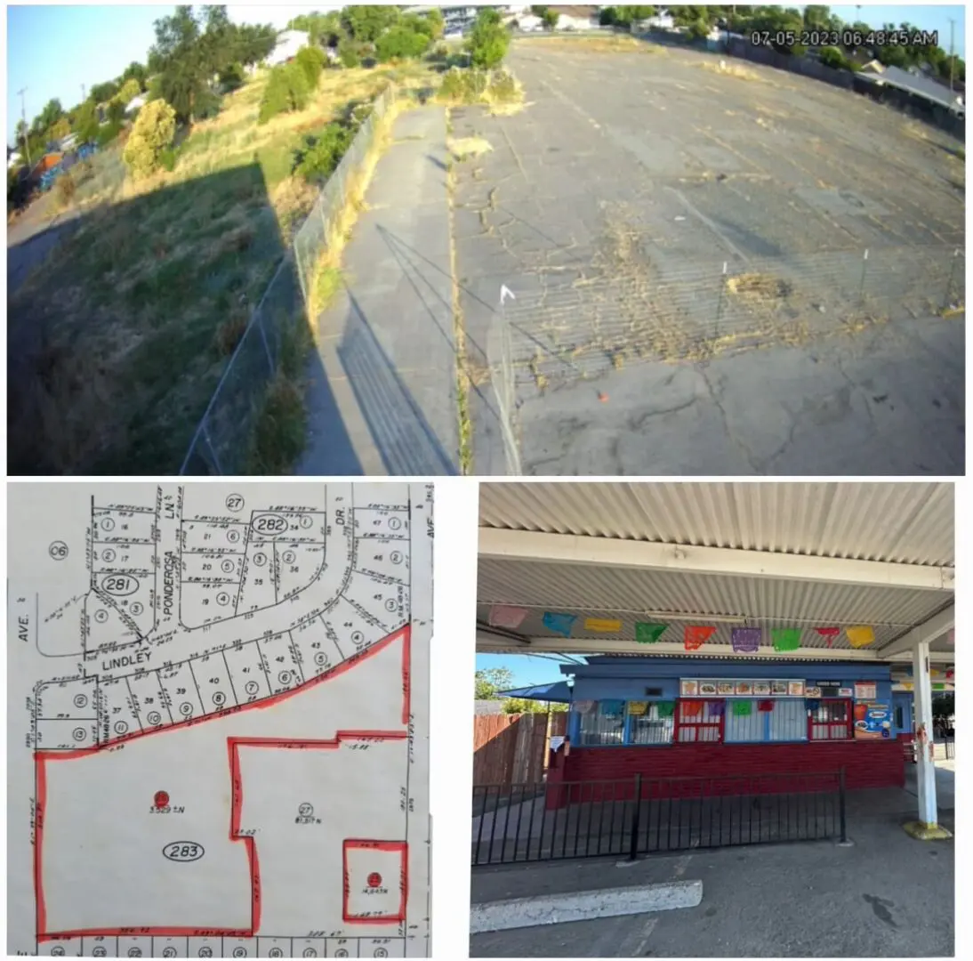 Aerial view of vacant lot and restaurant.