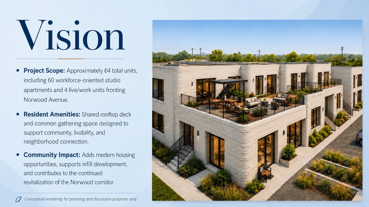 This conceptual image presents one potential architectural vision for Norwood Studios, a proposed mixed-use redevelopment centered on Parcel 26, an approximately 3.529-acre site in North Sacramento.

The preliminary concept includes approximately 64 total units, consisting of 60 workforce-oriented studio apartments and four live/work units. The vision also considers shared rooftop and community gathering areas intended to support resident interaction, neighborhood connectivity, and long-term livability.

The redevelopment is intended to expand housing opportunities, support infill development, encourage neighborhood-serving business activity, and contribute to the continued revitalization of the Norwood Avenue corridor.

This rendering is provided for planning and discussion purposes only. Final design, unit count, amenities, building configuration, financing, engineering, utility coordination, entitlement review, and City approvals remain subject to further due diligence.