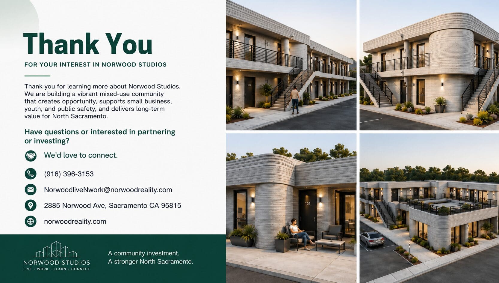 Norwood Studios is an early-stage mixed-use redevelopment vision located at 2885 Norwood Avenue, Sacramento, California. The project is actively seeking strategic partnerships to help advance planning, financing, design, construction, and long-term operations. If you are interested in exploring investment opportunities, development collaboration, or professional services, we welcome the opportunity to connect and discuss how we can work together to bring this vision to life.