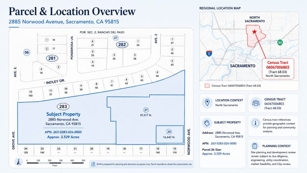 This exhibit provides a visual overview of the TTC Trust’s adjoining property interests in North Sacramento. Parcel 26 is the primary site for the proposed Norwood Studios mixed-use redevelopment, while Parcel 25 remains an active neighborhood retail center fronting Norwood Avenue.

The properties are located near established residential neighborhoods and commercial services, with access from Grove Avenue and Norwood Avenue. The exhibit is intended for general planning and informational purposes only. Parcel boundaries, dimensions, and site conditions remain subject to survey, title review, engineering, utility coordination, and applicable City of Sacramento approvals.