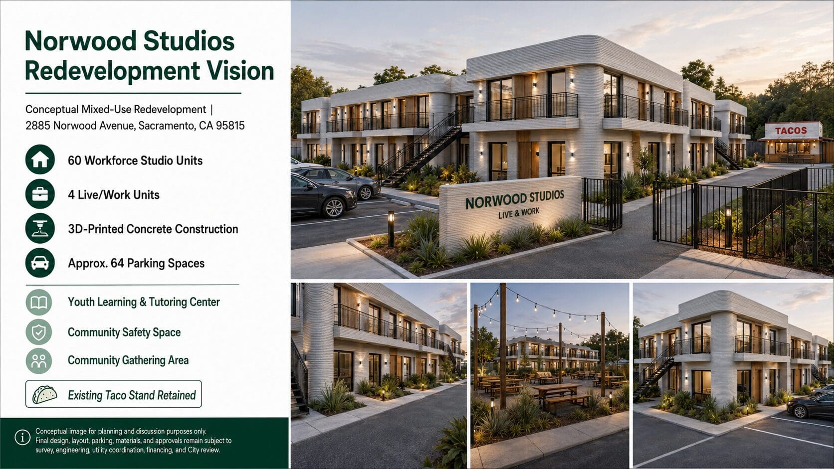 This conceptual rendering illustrates one potential vision for the proposed Norwood Studios mixed-use redevelopment on Parcel 26, an approximately 3.529-acre site in North Sacramento.

The preliminary concept includes approximately 60 workforce studio units, four live/work units, a Youth Learning & Tutoring Center, a community safety space, landscaped gathering areas, approximately 64 parking spaces, and evaluation of 3D-printed concrete construction. The existing taco stand is shown as retained within the broader site concept.

The images are presented for planning and discussion purposes only. Final building design, unit count, layout, parking, materials, construction methods, financing, engineering, utility coordination, and City approvals remain subject to further due diligence and applicable entitlement processes.