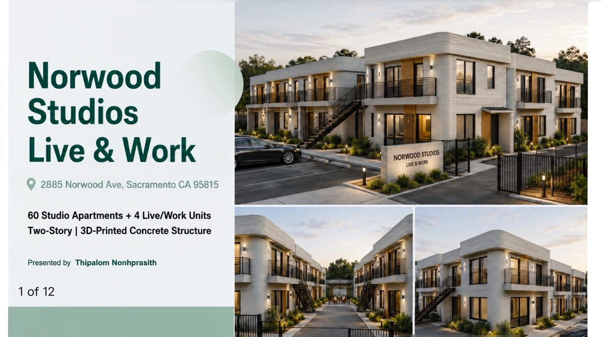 This conceptual rendering introduces the vision for Norwood Studios, a proposed mixed-use redevelopment at 2885 Norwood Avenue, Sacramento, California. The project explores the use of two-story 3D-printed concrete construction to create approximately 60 market-rate studio apartments and 4 live/work commercial units in a pedestrian-oriented community. The vision emphasizes quality workforce housing, opportunities for local entrepreneurs, and sustainable neighborhood investment. Final architecture, site layout, construction methods, unit count, and project scope remain subject to surveying, engineering, financial feasibility, environmental review, and City of Sacramento entitlement and approval processes.