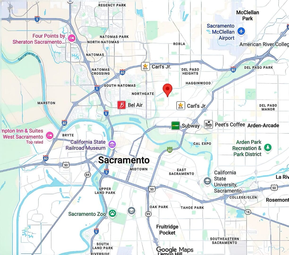 This regional location map illustrates the strategic position of the proposed Norwood Studios redevelopment within the Sacramento metropolitan area. Situated in North Sacramento, the site provides excellent connectivity to Downtown Sacramento, Interstate 80, Interstate 5, Sacramento International Airport, nearby shopping centers, educational institutions, parks, and major employment corridors. Its central location supports workforce housing by offering residents convenient access to jobs, transit, essential services, and recreational amenities throughout the region, enhancing both long-term livability and redevelopment potential.
