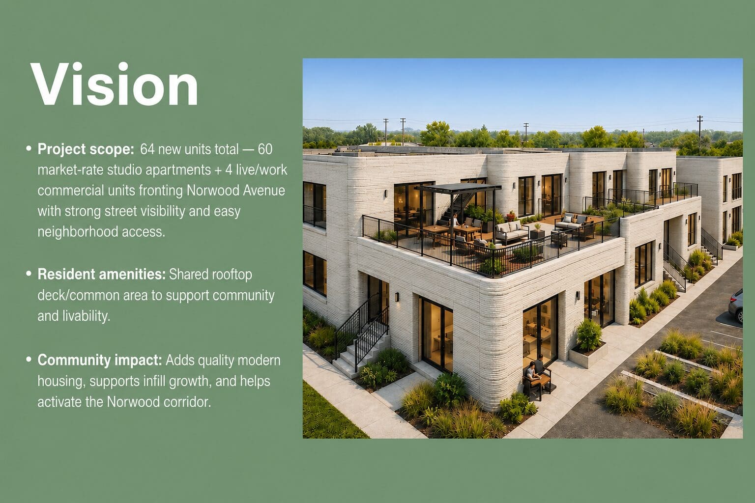 This conceptual rendering illustrates the architectural vision for Norwood Studios, a proposed mixed-use redevelopment in North Sacramento. The project envisions modern two-story 3D-printed concrete construction, shared community amenities, and pedestrian-oriented design to provide workforce housing while encouraging neighborhood revitalization. Final design, unit count, site layout, and construction methods remain subject to engineering, feasibility analysis, financing, and City of Sacramento review and approvals.
