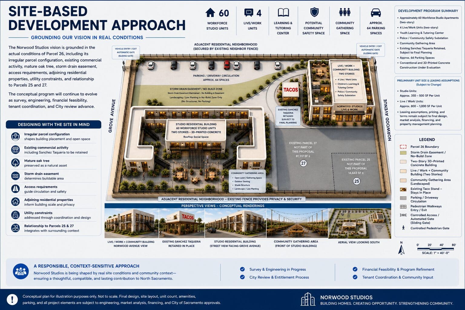 Parcel 26 — Approximately 3.529 acres Site-Based Development Approach
The Norwood Studios vision is grounded in the actual conditions of Parcel 26, including its irregular parcel configuration, existing commercial activity, mature oak tree, storm drain easement, access requirements, adjoining residential properties, utility constraints, and relationship to Parcels 25 and 27.
The conceptual program will continue to evolve as survey, engineering, financial feasibility, tenant coordination, and City review advance.
