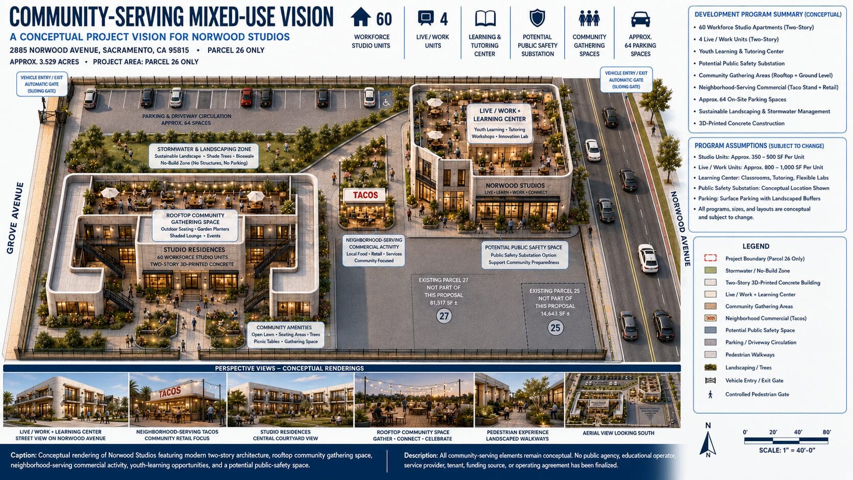 create image slide of Community-Serving Mixed-Use Vision This is the caption that replaces the outdated wording “Norwood Studios Live/Work District.” Caption: Conceptual rendering of Norwood Studios featuring modern two-story architecture, rooftop community gathering space, neighborhood-serving commercial activity, youth-learning opportunities, and a potential public-safety space. Description: All community-serving elements remain conceptual. No public agency, educational operator, service provider, tenant, funding source, or operating agreement has been finalized.
