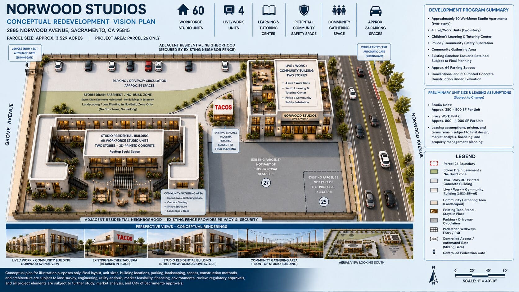 This conceptual architectural exhibit illustrates one potential development approach for **Norwood Studios Live & Work** on **Parcel 26**.

The preliminary vision includes workforce-oriented studio residences, live/work units, community-serving spaces, shared gathering areas, parking and circulation, and potential retention of **Sanchez Taqueria**.

The exhibit also identifies surrounding parcels, adjacent residential properties, the existing storm-drain easement, access points, and other site-planning considerations.

All layouts, building locations, unit counts, parking assumptions, amenities, construction methods, and project features remain conceptual, are **not to scale**, and may change through survey, engineering, financial feasibility, regulatory review, and future project planning.